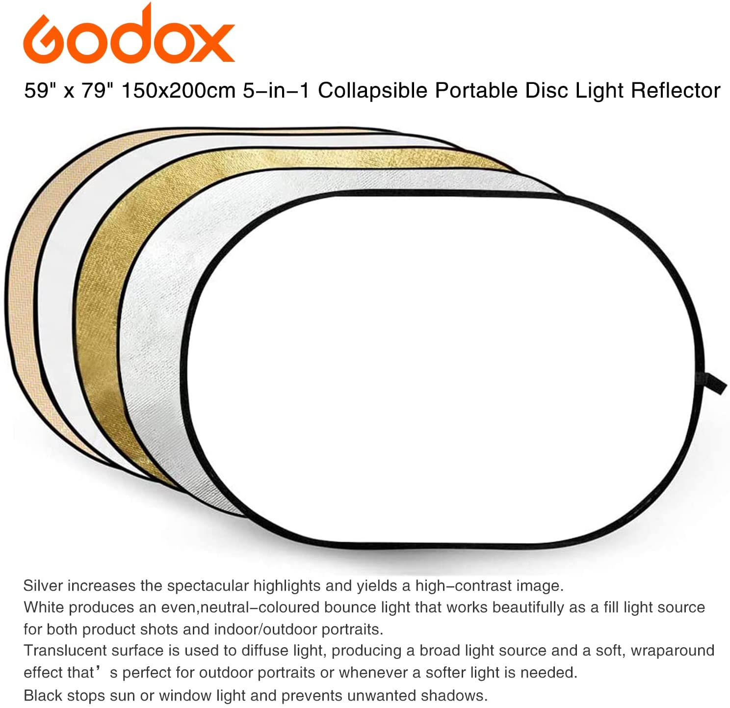 GODOX 59”x79” 150x200cm 5-in-1 Collapsible Portable Disc Light Reflector  with Bag for Studio and Photography - Gold, Silver, Black, White,  Translucent. (RFT05-150x200cm) - ZoomBH